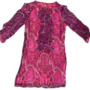 NWOT Tibi Pink Pasley Print Retro Long Sleeve 100% Silk Mini Dress Size 2